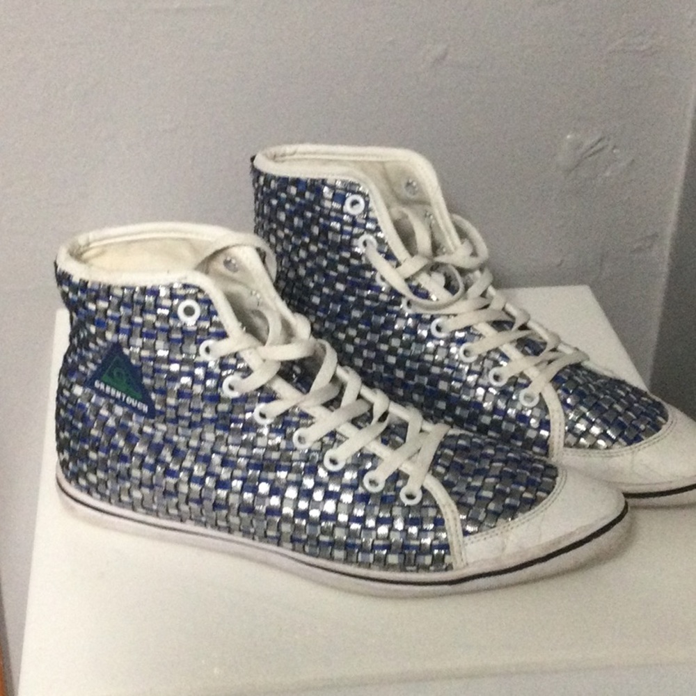 GREENTOUCH blue, white, and shimmery silver weave high tops 6 1/2